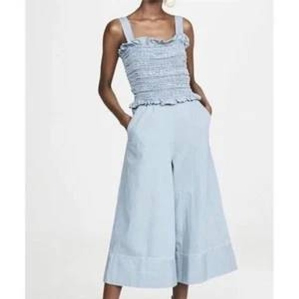 Sea New York Jumpsuit Women 2 Light Blue Denim Smocked Ruffle Wide Leg Cropped